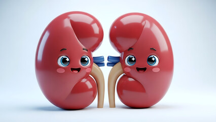 Vibrant and Cheerful 3D Rendered Pair of Human Kidneys with Happy Faces, Symbolizing Health, Well-being, and Optimal Organ Function for Medical and Educational Content