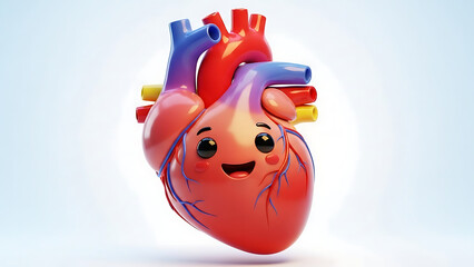 Vibrant 3D rendered human heart character with a cheerful smiling face, symbolizing health, love, and emotional well-being in a friendly medical illustration