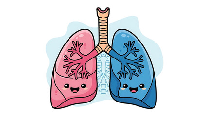 Charming cartoon illustration of happy human lungs, symbolizing healthy breathing and respiratory system function with a friendly, educational, and engaging visual design