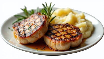 Two grilled pork chops with mashed potatoes served on white plate with rosemary garnish. Juicy meat features prominent grill marks, covered in savory sauce. Meal ideal for restaurant menus food blogs.