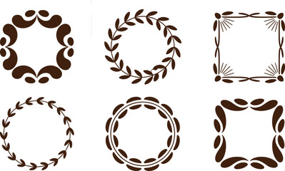 Five black and white decorative frames with leaf and floral patterns