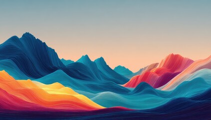 Abstract landscape of colorful mountains, waves, and gradients against a light sky