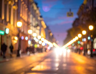 Defocused dusk street scene with building facades and soft lights