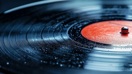 Macro shot of the surface of an old vinyl record with grooves in sharp focus and shallow depth of field, highlighting texture, nostalgia, and analog music charm.
