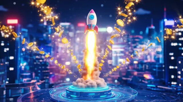 Cartoon Rocket Launching from Holographic Platform with Golden Coins and Neon Digital Tech Symbols in a Vibrant Cinematic Night Cityscape
