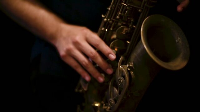 A detailed close-up of a male musician&rsquo;s hand playing a golden saxophone during a jazz rehearsal. The image captures the warmth of brass tones and the texture of the instrument, highlighting passion, 