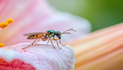Close up of a green sweat bee on a pink flower petal