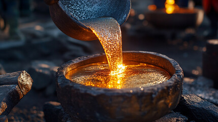 Molten metal pouring in a fiery stream, showcasing intense heat, industrial process, and dynamic flow with glowing liquid metal in a high-energy manufacturing scene