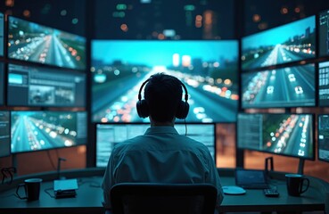 Operator monitors city traffic flow on multiple screens in control center. Person uses headphones, watches car lights on highways at night. Digital surveillance of urban road networks.