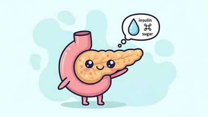 Cute cartoon pancreas character happily contemplating insulin and sugar, a charming illustration representing a vital organ's essential role in human health and metabolic wellness