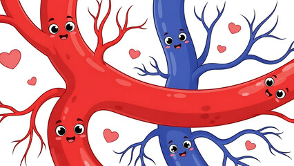 Cute cartoon illustration of red arteries and blue veins, happily intertwined with smiling faces and hearts, symbolizing a healthy and vital circulatory system