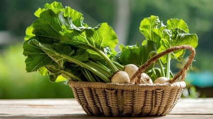 Naklejka premium Fresh and Organic Root Vegetables in a Woven Basket Surrounded by Lush Greenery on a Sunny Day