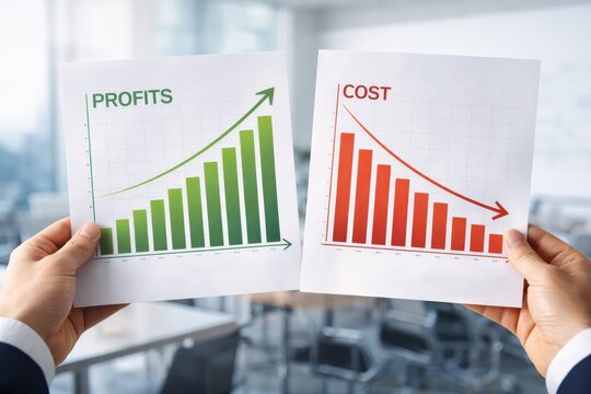 Corporate financial planning concept with profit growth graph and decreasing cost analysis, business performance evaluation, strategic budgeting and long term revenue optimization, assets, marketing.