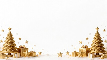 Golden Christmas trees and gifts on white