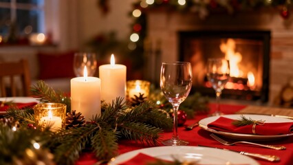 Christmas dinner table with candles and fireplace