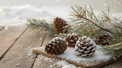 Pine cones and evergreen branches on rustic wooden table covered with fresh winter snow