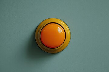 A close-up shot of a bright orange button set within a yellow ring against a blue-green surface