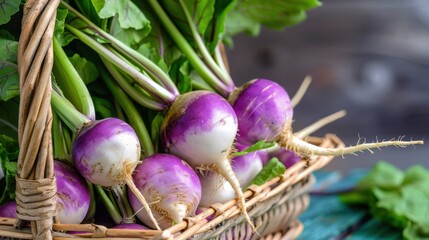 Freshly Harvested Purple Turnips with Green Tops in a Rustic Basket on a Wooden Surface