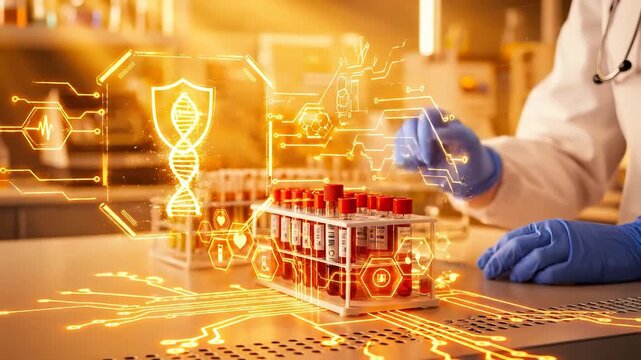 Cinematic medical laboratory with gloved hand holding blood tube, glowing DNA helix, holographic interface, molecular icons, and warm golden lighting