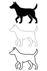 Comprehensive canine graphic set including precise lineart Stroke Outline a playful Dashed Line and a strong Silhouette design all monochrome and isolated a versatile vector EPS