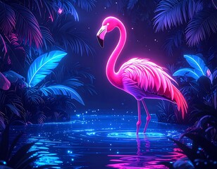 Illuminated flamingo in a luminescent neon jungle