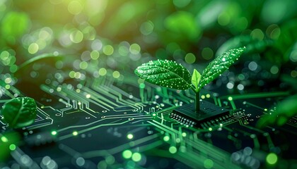 Green technology breakthrough, sustainable innovation sprouts from advanced circuit board, growth and future concept hardware