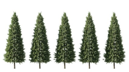 Obraz premium Row of Lush Green Evergreen Trees Isolated on White, Nature Background