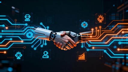 robot hand and human hand shaking