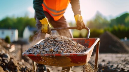 Construction Worker in Safety Gear Transporting Gravel in Wheelbarrow at Outdoor Job Site During Daylight Hours