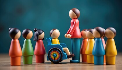 Wooden figures show group supporting person in wheelchair. Diverse people stand together for inclusion and acceptance. Community unites for disability awareness and equality.