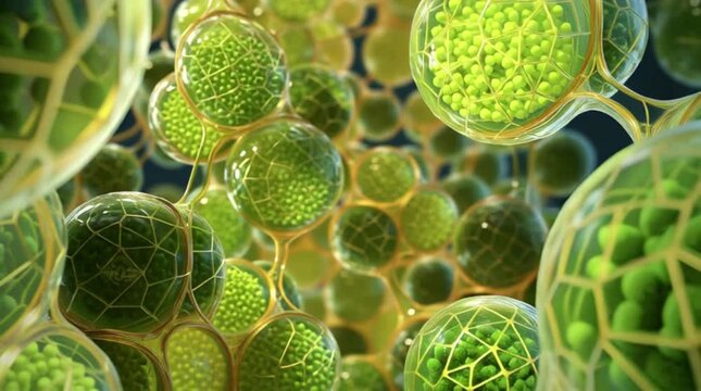 Intricate microscopic view of vibrant green algae cells, illustrating fundamental biological structures