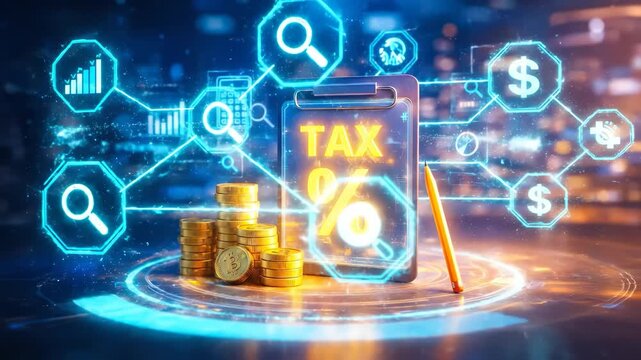 Cinematic cryptocurrency tax-free finance scene with glowing holographic tablet, golden coin stacks, BTC symbol, neon cyan-orange reflections, and pencil