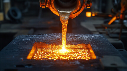 Molten metal pouring in a fiery stream, showcasing intense heat, industrial process, and dynamic flow with glowing liquid metal in a high-energy manufacturing scene