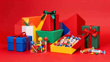 Colorful gift boxes and assorted candies