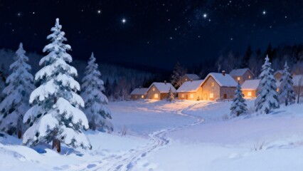 Snowy night village with starry sky