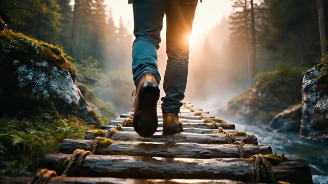 Cinematic first-person hike across a narrow wooden log bridge over mountain stream in misty forest at sunrise with boots, moss, and golden light