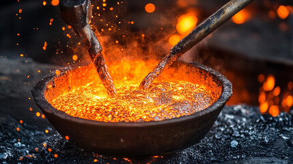Molten metal pouring in a fiery stream, showcasing intense heat, industrial process, and dynamic flow with glowing liquid metal in a high-energy manufacturing scene