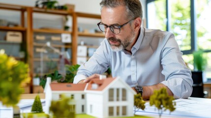 Professional Architect Examining Scale Model of Modern House in Bright Office Environment with Planning Documents Nearby