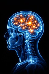 Blue x-ray scan of human skull with glowing digital brain neurons and neural network connections for medical science anatomy healthcare research and artificial intelligence technology concept