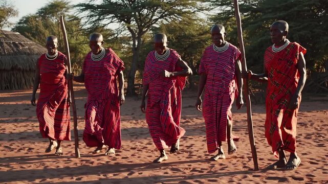 Group of Maasai warriors walking in red clothing. Tribe men holding sticks move together outdoors. Traditional Maasai culture in nature. Warriors from tribe walk. Man wears traditional dress.