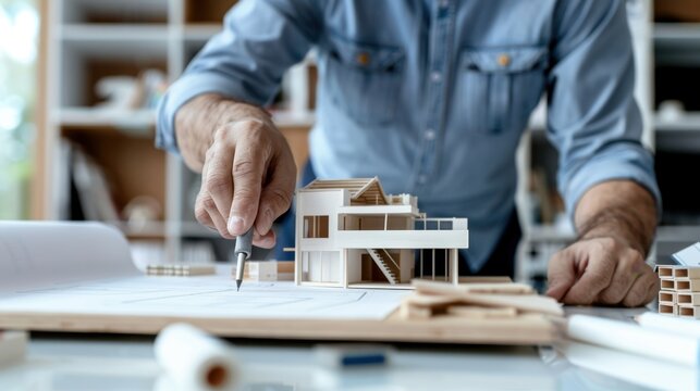 Architect Crafting Scale Model of Modern Home with Blueprints on Table in Bright Creative Workspace - Powered by Adobe