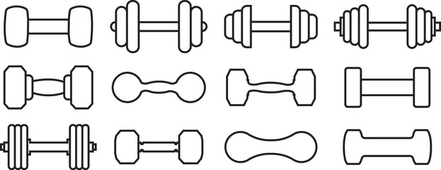 Set of dumbbell gym icons, collection of fitness weight training symbols, group of line vector illustrations, add barbell, workout, exercise, strength equipment, black icon