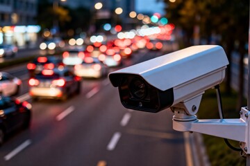 Surveillance camera on busy street at night