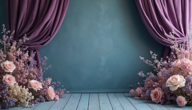 Soft pink roses and purple drapes frame a teal wall. Delicate dried flowers border a light blue wooden floor. Elegant studio background for portraiture and special occasions.