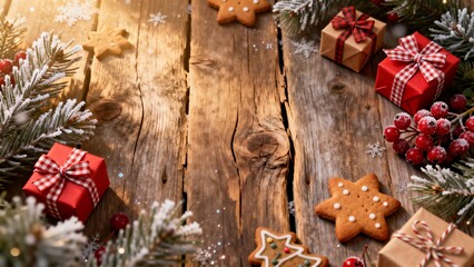 Christmas decorations on wooden surface