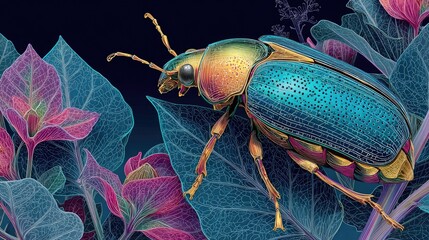 Neon vector line art of pest insect on vegetable leaf, glowing outlines with botanical textures in modern agricultural design motif