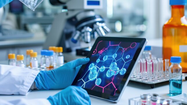 Scientist Analyzing Digital Data on Tablet with Laboratory Equipment in Background for Research and Innovation Purposes - Powered by Adobe