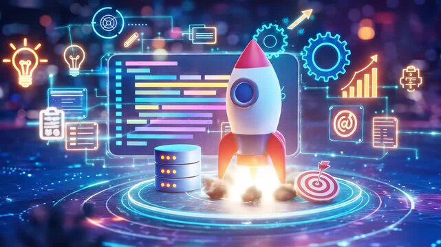 Cinematic startup launch dashboard with 3D rocket on glowing holographic platform, animated task bars, database server, neon cyan-purple energy, and project management
