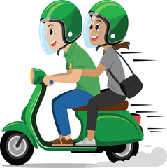 Two People Riding Scooter Vector Illustration Fun Travel Adventure Cartoon Design