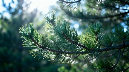 Pine tree branch with needles in sunlight